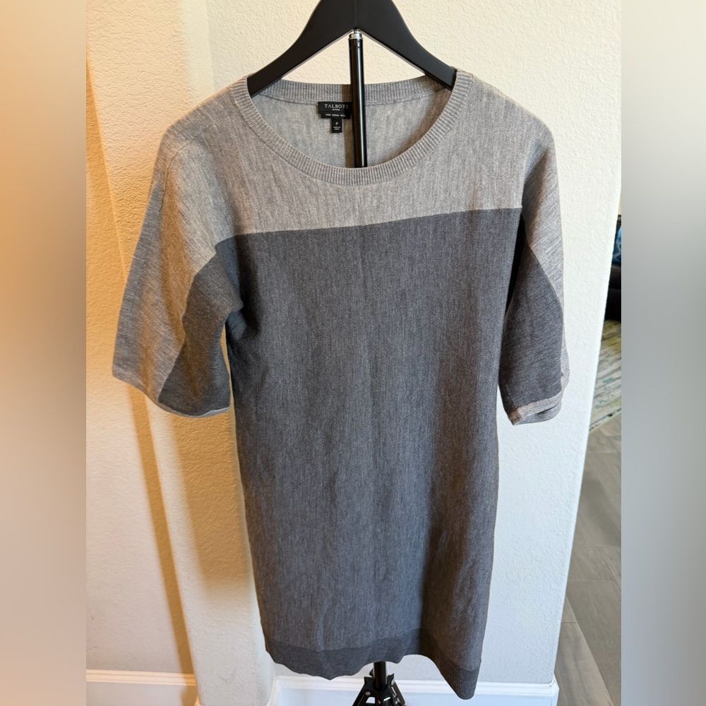 Talbots Two-Tone Gray Merino Wool Knit Mini Dress with Colorblock S/P Petite